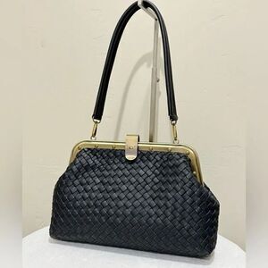 Black Premium Woven Cowhide Retro Metal Frame & Push Lock Handbag, Crossbody